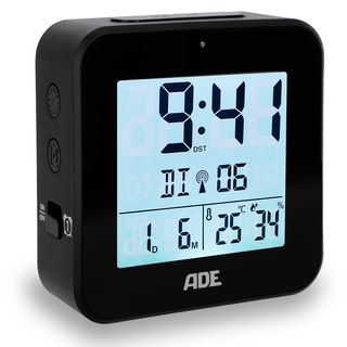 ADE Funkwecker digital mit Batterie | 2 Weckzeiten | Temperaturanzeige | Luftfeuchtigkeit | Reisewecker | Funkuhr mit DCF Zeitsignal | Schlummerfunktion | schwarz