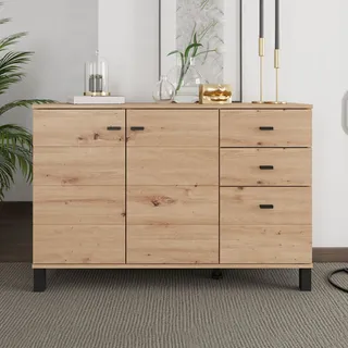 Sideboard Guatav, Anrichte 3 Schubladen, 2 Böden, Türöffnung, Schiebetür, 116x35x78h Cm Braun Eichenholz