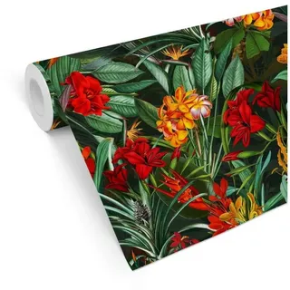 K&L Wall Art Mustertapete Dschungel Blumentapete Florale Vliestapete Schlafzimmer Mustertapete, Tropisch Tapete grün 0.48 m x 5.28 m