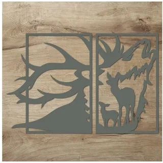 Namofactur Wanddekoobjekt XXL Hirschkopf mit Reh im Rahmen, Holz Deko (2 St., 2-teilig), Wandtattoo Hirsch mit Reh aus Holz in verschieden Farben erhältlich grau