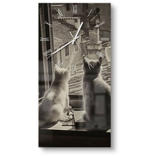 DEQORI Wanduhr 'Katzen auf Fensterbrett' (Glas Glasuhr modern Wand Uhr Design Küchenuhr) schwarz 30 cm x 60 cm