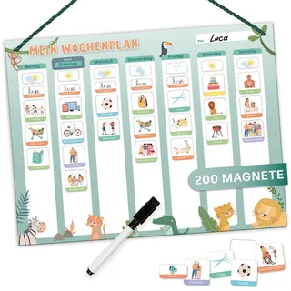 Mini Mindz Magnettafel Wochenplaner Kinder - Montessori Magnettafel mit 200 Magnete & Stift, Mit Kordel - Komplett beschreib- und abwischbar grün