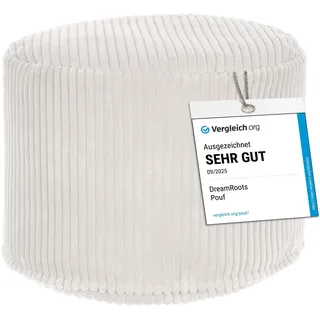 DreamRoots Cord Pouf Hocker rund 35x35x25 cm, White Dove | Runder Bodenstuhl, Sitzkissen Boden, 380 g/m2, für Wohnzimmer, Schlafzimmer & Homeoffice, waschbar, Fußhocker