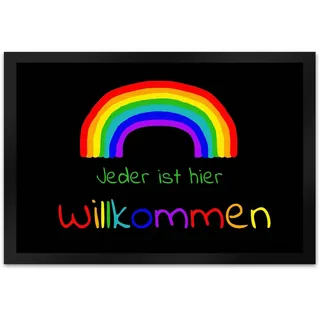 Regenbogen Fußmatte XL in 40x60 cm mit Spruch - Jeder ist Hier Willkommen LGBTQ als schöne Geschenkidee für Freunde die keinerlei Vorurteile gegenüber Menschen haben und für die
