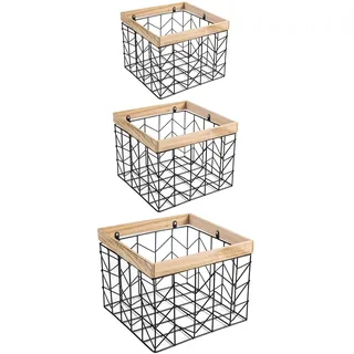IDIMEX Metallkorb BOHAI 3er Set schwarz - Drahtkorb, Aufbewahrungskorb mit Holzrahmen, stapelbar, Dekokörbe, Bad, Kleiderschrank, Organizer