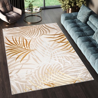 TAPISO Golden Teppich Kurzflor Wohnzimmer Schlafzimmer Luxuriös Creme Gold Beige Blätter Meliert Verwischt Modern Design ÖKOTEX 200 x 300 cm