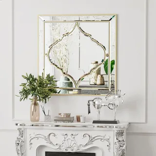 Artloge Dekorative Wandspiegel Eckig Gold, 80×80 Hochwertiger Modern Badspiegel - Barock Spiegel mit Goldener Rahmen Dekospiegel