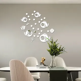 Wandaufkleber Mit Fisch- Und Blasenmotiv, Acryl-spiegel-wandaufkleber, 3d-wandtattoo, Wanddekoration Für Badezimmer, Wohnzimmer, Schlafzimmer (silber)
