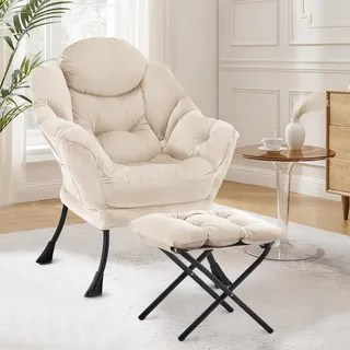 XH.Easy Go Lazy Chair mit Ottomane, Sessel Wohnzimmer Ohrensessel mit Hocker, Lesesessel Bequem Armchair Lounge Sessel mit Fußhocker, Relaxstuhl Relaxsessel mit Fußstütze, Seitentasche, Beige