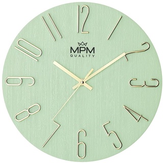 MPM Quality Design Wanduhr, Grün/Gold, Datum-Anzeige, 3D Ziffern, präzises Quarz-Uhrwerk, ∅ 305 mm, Moderne Wand-Deko für Wohnzimmer, Schlafzimmer oder Büro