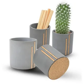 Bannik Blumentopf aus Beton und Holz, Handgefertigter Pflanztopf oder Stifthalter (1 St., D6,5x6,5cm), Runde Form, glatte Haptik, ideal für kleine Pflanzen grau