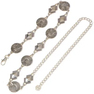 KARMA Hüftgürtel Hüftgürtel Damen silber oder Gold verstellbar 120 cm (Festival Kettengürtel Vintage, Boho Accessoire Modegürtel Taille Hüfte) Gürtel mit Medaillons Metallgürtel für Kleid Rock silberfarben