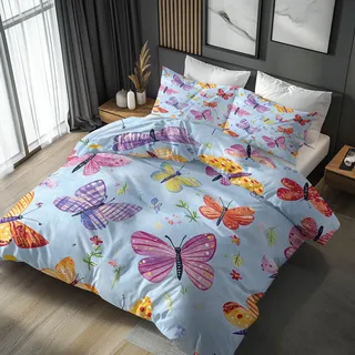 zcwl Schmetterling Bettwäsche 155x200 2tlg, Hellblau Wendebettwäsche und 1 Kissenbezüge 80x80, Weiche Mikrofaser Bettbezug mit Reißverschluss, Schlafzimmer Deko, Geschenke