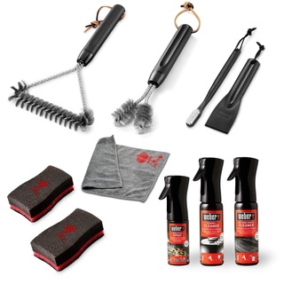 Weber 17893 Reinigungsset für emaillierte Gasgrills, 8-TLG., bestehend aus Grillbürste, Schwamm, 2xReiniger, Insektengitterbürste, Mikrofasertuch und Anti-Haft Spray