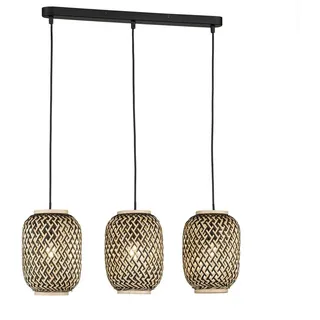 FISCHER & HONSEL LED Pendelleuchte, dimmbar, LED wechselbar, Warmweiß, Balken-Lampe dreiflammig hängend, Bambus Korb-Geflecht Beige Schwarz beige|schwarz