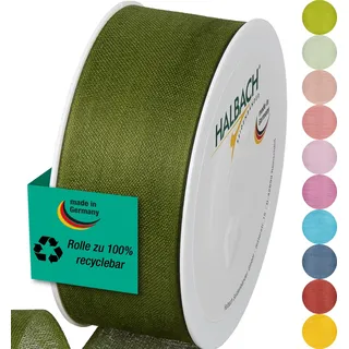 Halbach mattes Taftband, 40 mm x 25 m, moosgrün | Geschenkband in Baumwolloptik, Made in Germany, Ökt-Tex 100 zertifiziert und waschbar bei 30 Grad