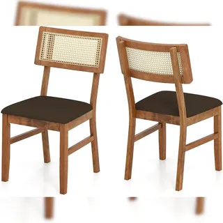 COSTWAY 2er Rattan Esszimmerstühle, Holz-Küchenstühle mit gepolsterter Sitzfläche, bis 180 kg belastbar, für Küche und Esszimmer