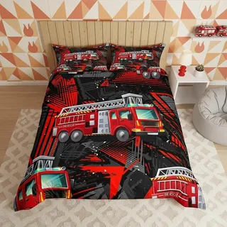 Kinder Feuerwehrauto Tröster Abdeckung Set 155x220cm für Mädchen Jungen Schlafzimmer Dekor, Feuerwehr Auto Fahrzeug Bettbezug, Cartoon Autos Bettwäsche Set für Zuhause Dekorativ, Rot Schwarz