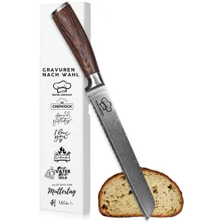 Wakoli EDIB Brotmesser mit Gravur, Damastmesser 20 cm, VG10 Kern, 67 Lagen | Personalisiertes Messer mit 20 cm Wellenschliff, 60 ± 2 HRC, Pakkaholzgriff, für Brot, Brötchen & Baguette, inkl. Geschenkbox