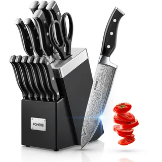 Messerblock Set, FOHERE Selbstschärfender Messerblock, 14-teilige, Edelstahl Messerset mit Block, Profi Küchenmesser Set mit Ergonomischem Griff, Schwarz