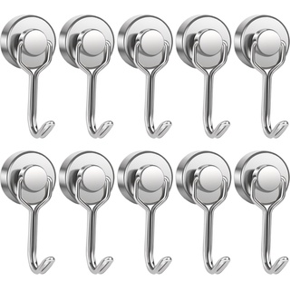 OCEUMAOA Magnethaken Extra Stark 15kg Neodym Magnete mit Haken 20mm Drehhaken Stanzfrei für Eisentüren Kühlschränke Küchen Kleiderablage Büro Magnet Haken Groß Silber 10 Stück