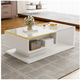MODFU Couchtisch Hochglanzweiß/Schwarz mit Glasplatte (Satztisch, Wohnzimmertisch, Beistelltisch, 1-St., Funktionales Möbelstück), mit Glas und LED-Effekt weiß 90 cm x 32.5 cm x 50 cm