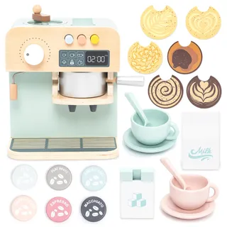 UMU® Kinder Kaffeemaschine aus Holz – Kinderküche Zubehör inkl. austauschbaren Latte-Art-Designs und Tassen, Kaffeeservice-Set für Rollenspiele, Holzspielzeug für Vorschulkinder ab 3 4 5 6 Jahren