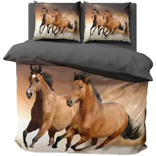 FEBE 3D Bettwäsche Pferde Bettbezug-Set 135x200 + Kissenbezug 80x80 cm Wendebettwäsche 2 Teilig mit Reißveschluss