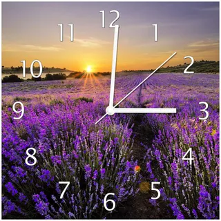 Wallario Design-Wanduhr Sonnenuntergang über dem Lavendel aus Glas, Motiv-Uhr Größe 30 x 30 cm, weiße Zeiger