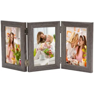 AiQInu Klappbarer Bilderrahmen für 3 Bilder (10x15 cm), 3er Bilderrahmen aus Holz mit Glasfrontständer vertikal auf dem Desktop, Hochwertiger 3-Teiliger Foto Rahmen für Modern Deko Family - 10x15 cm