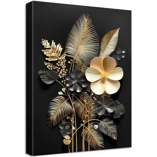 Leinwand Wandkunst 3D Schwarz Gold Blumenbild mit Holzrahmen