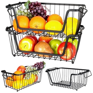 Vilde Obstkorb Obst-Etagere Loft-Korb aus Metall für Obst und Gemüse Aufbewahrungskorb schwarz, 2er-Set 32x20x13,5 cm