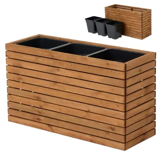 Blumenkasten Holz für Garten Balkon Terrasse Hochbeet Blumentopf XXL Pflanzkübel Groß Außen mit 18L Kunststoff-Pflanzeneinsatz Pflanzkasten Outdoor Braun (98x36 h55)