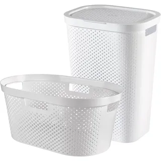 Curver Infinity Dots Wäschebox 60 L mit Deckel + Wäschekorb 40 L – Set, 100 % recycelter Kunststoff, skandinavisches Design, weiß, belüftet, stapelbar