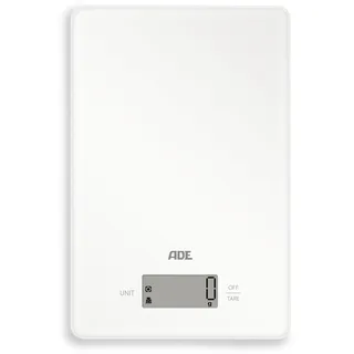 ADE Digitale Küchenwaage | präzise Grammwaage bis 5 kg | großes Display | inkl. AAA Batterien | sehr flach | mit Aufhängeöse | gut lesbare große Ziffern | weiß