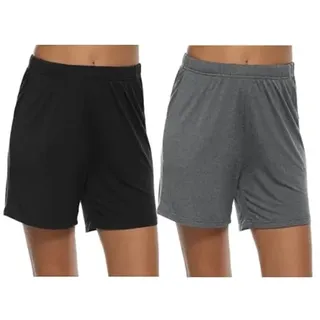 MoFiz Damen Schlafanzughose Kurz Pyjamahose Weich Modal Nachtwäsche Sommer Schlafshorts 2 Pack Schwarz/Dunkelgrau L - L