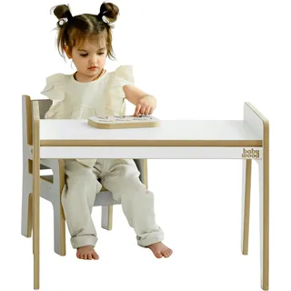 Babywood Tisch und Stuhl für Kinder, Kinderschreibtisch Set mit Stuhl aus Holz, sicherer Spieltisch Set (weiß)