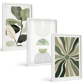 BILDER SET 3er Set - 40x60 cm Weißer Rahmen - Pflanzenmotive, Geometrie, Grün