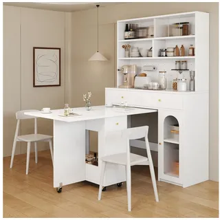 Merax Barschrank Küchenschrank Set mit klappbarem Esstisch (Hochschrank Esstisch Bartisch, 1-St) Mobiler Bartisch auf Rollen & Hochschrank mit Stauraum, Möbel Set,Weiß weiß