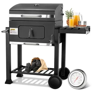Schwarz Holzkohlegrill XL, Grillwagen Holzkohle, Groß Kohlegrill, Smoker Holzkohlegrill mit Deckel, Rädern, Grillrost, Thermometer und Edelstahl-Griff, Höhenverstellbar, BBQ Grill für Camping