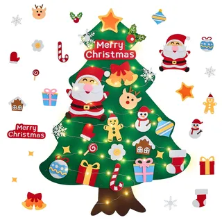 DazSpirit Filz Weihnachtsbaum mit Lichtern für Kinder – 3,02Ft DIY Filz Baum mit 23 Ornamenten – Weihnachtsbaum zum Aufhängen für Kleinkinder, Kinderzimmer, Tür & Wand Deko