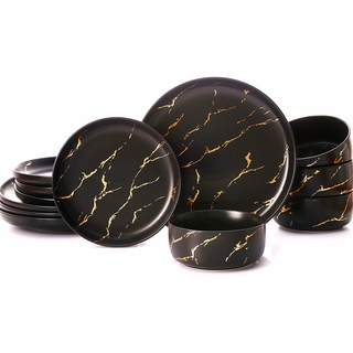 Pokini Gold Splash Geschirr-Sets, 12-teilige Teller und Schüssel-Sets, Modernes Marmor-Porzellan, Geschirr-Set für 4, Schwarz