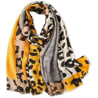LumiSyne Leopardenmuster Schal Für Damen - Mode Animal Print Baumwolle Leinen Mit Fransen/Quaste - Langer Große Leicht Warme Schultertuch Stola - Einheitsgröße