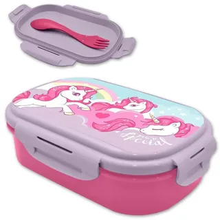 HOVUK Einhorn Lunchbox mit Göffel, 20 cm, Doppelfach, für Kinder, Mädchen, Sandwichbox, BPA-frei, auslaufsicher, mit Besteck-Set, ab 3 Jahren