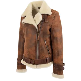A1 FASHION GOODS Damen Echtes Schaffell Fliegende Jacke Antiquität Braun Shearling Fliegermantel Willow (XXXL - EU 46) - 46