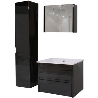 Badezimmerset XL MCW-B19, Waschtisch Spiegelschrank Hängeschrank, hochglanz ~ schwarz