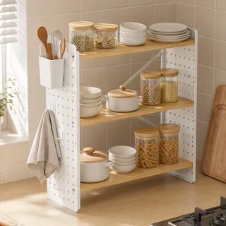 anrekl KüChenorganizer Regal mit 3 Ebenen, KüChenregal Klein mit Abs-Haken und Aufbewahrungsboxen, GewüRzregal Stehend für KüChe, Esszimmer, BüRo, KüChenregal Weiß, 60×20×60cm