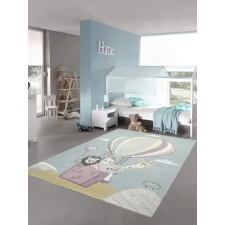 Kinderteppich Spielteppich Teppich Heißluftballon Tiere in Pastell blau Größe 120x170 cm