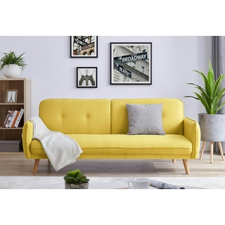SalesFever Sofa 3-Sitzer | mit Schlaffunktion | Bezug Strukturstoff | Beine Hevea-Holz | B 188 x T 85 x H 80 cm | gelb – natur