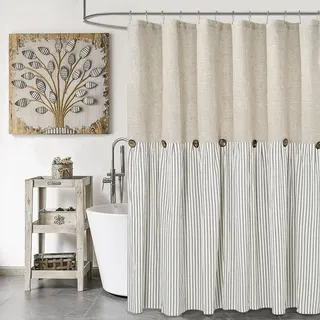DOSLY IDÉES Farmhouse Duschvorhang, beige und grau gestreift, Knopfvorhang, Leinen und Baumwolle, gewebter Stoff, rustikaler Charme, Landhausstil, 182,9 x 213,4 cm